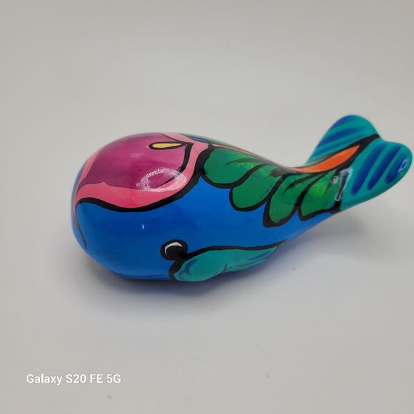 Mexican Pottery Whale Hand Painted Blue - Picture 1 of 8